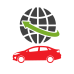 Rotes Auto unter stilisierter Weltkugel mit grünem Pfeil
